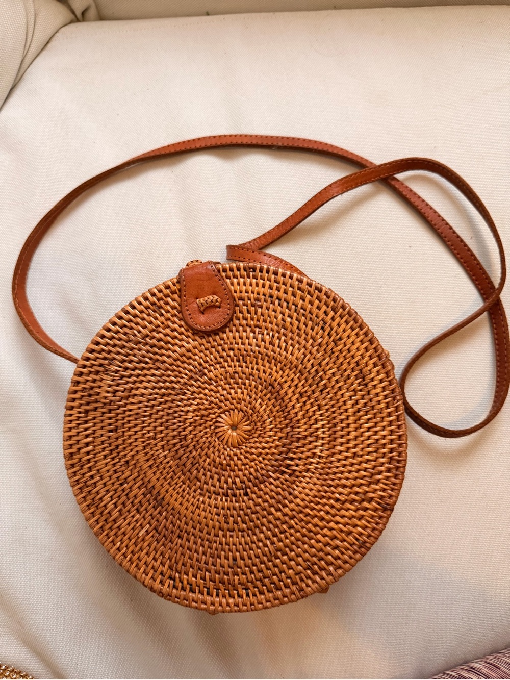 Handwoven Round Rattan Crossbody Bag - Tan